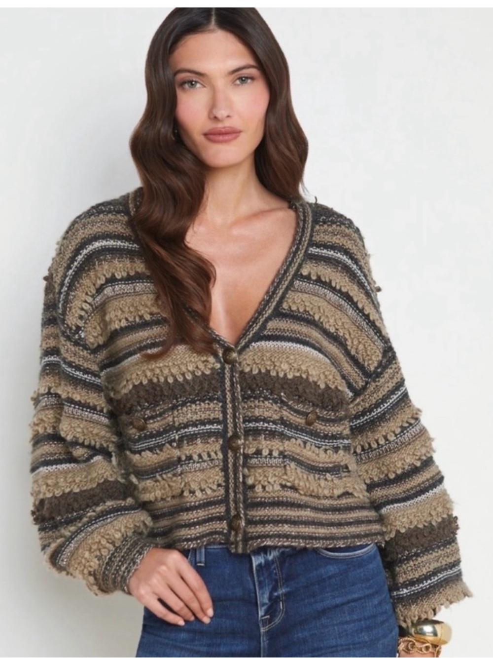 L'AGENCE Chunky Striped Knit Cardigan in Beige and Brown - Picture 2 of 2